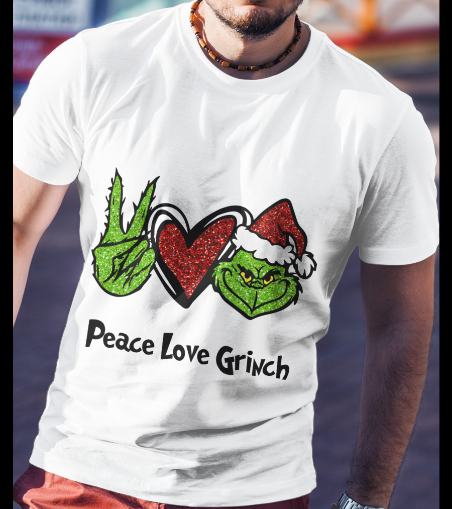 Peace Love Grinch Glitter Christmas Santa Hat T-Shirt