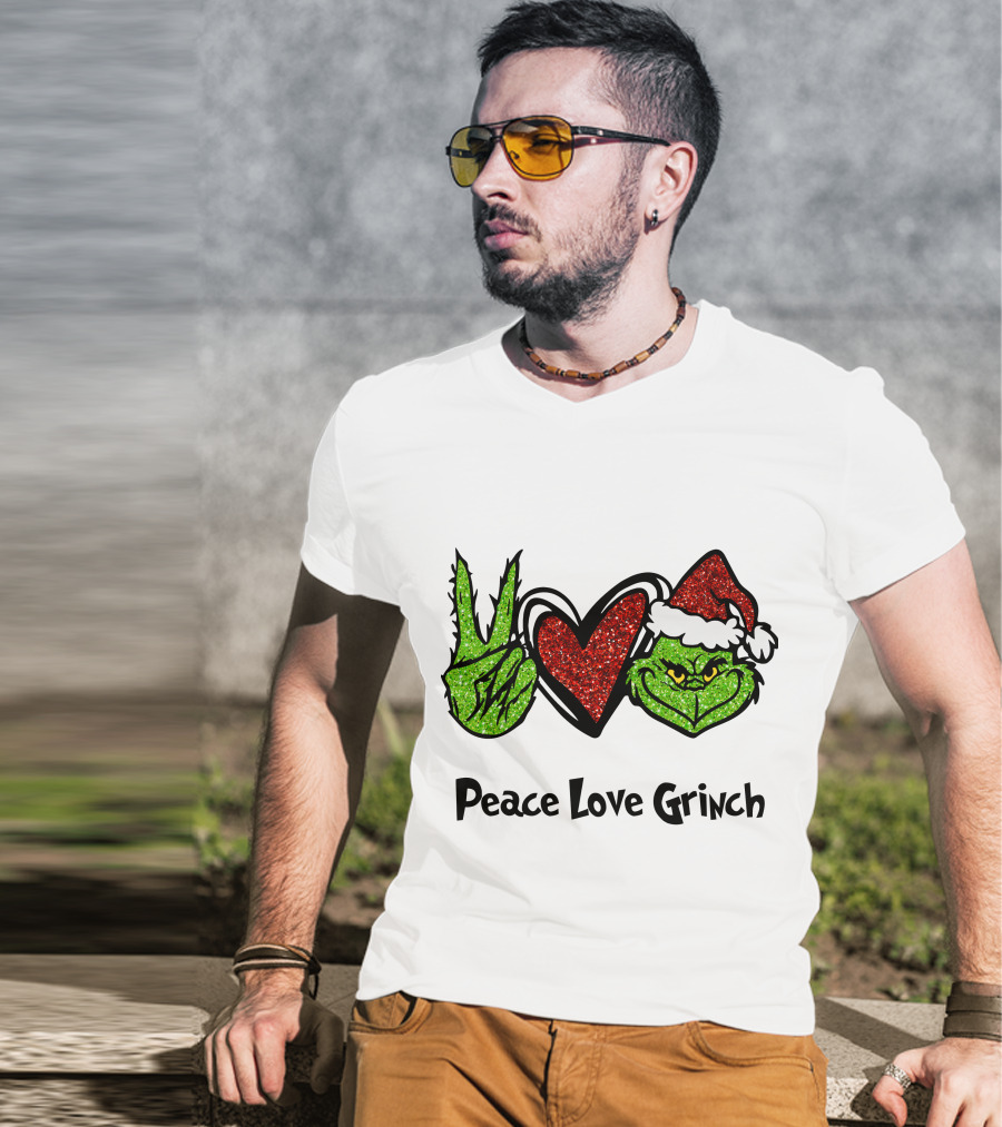 Peace Love Grinch Glitter Christmas Santa Hat T-Shirt