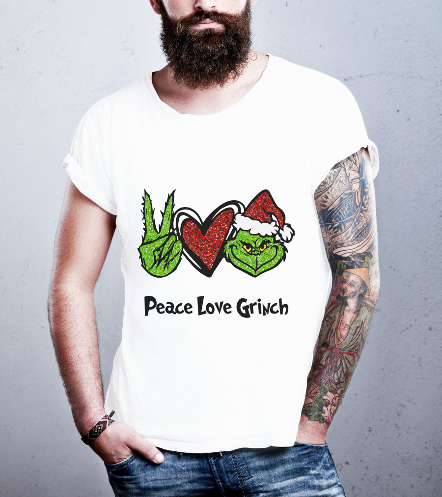 Peace Love Grinch Glitter Christmas Santa Hat T-Shirt
