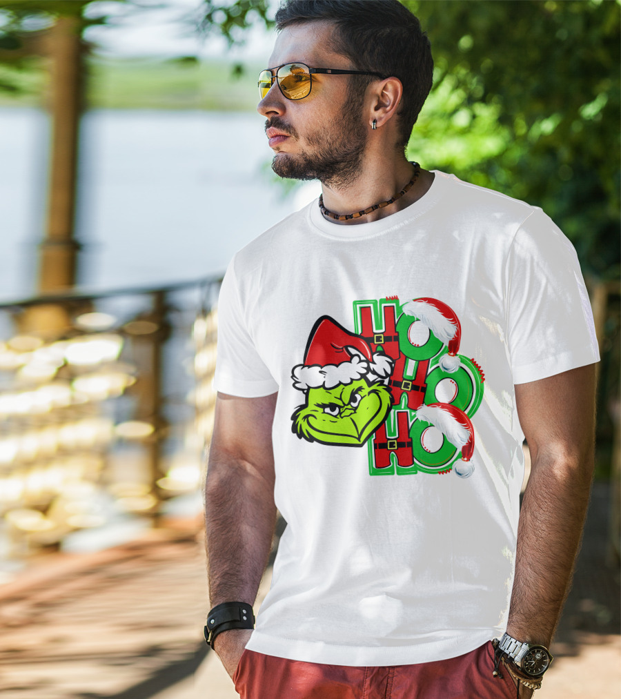 Grinch Ho Ho Ho Santa Hat Christmas T-Shirt