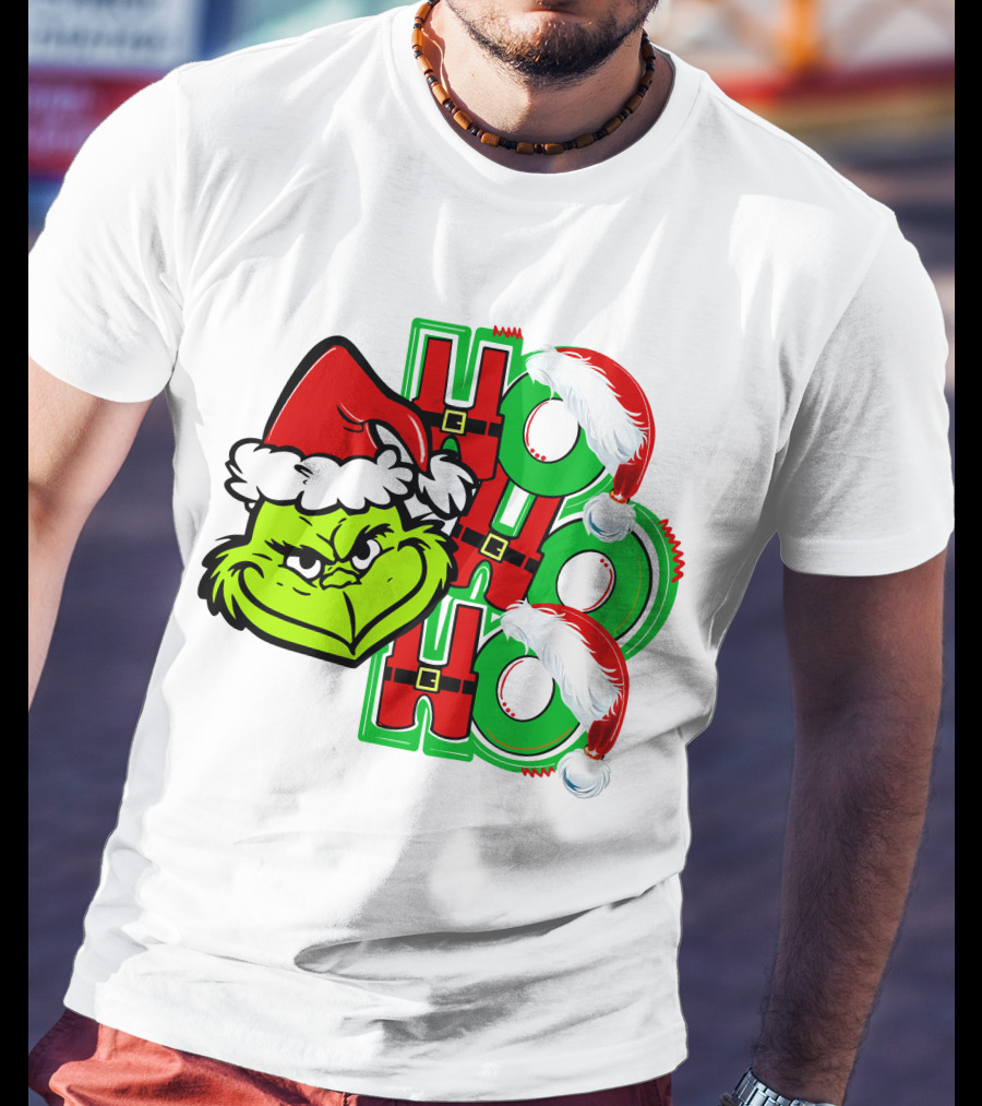 Grinch Ho Ho Ho Santa Hat Christmas T-Shirt