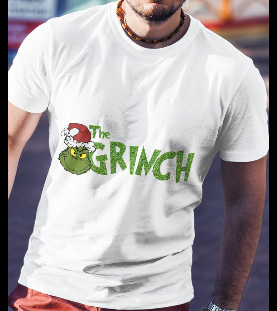 The Grinch Santa Hat Christmas Green Glittery Text T-Shirt