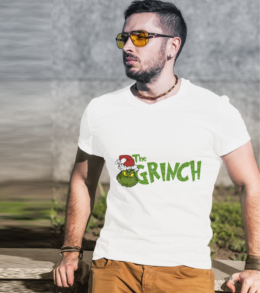 The Grinch Santa Hat Christmas Green Glittery Text T-Shirt