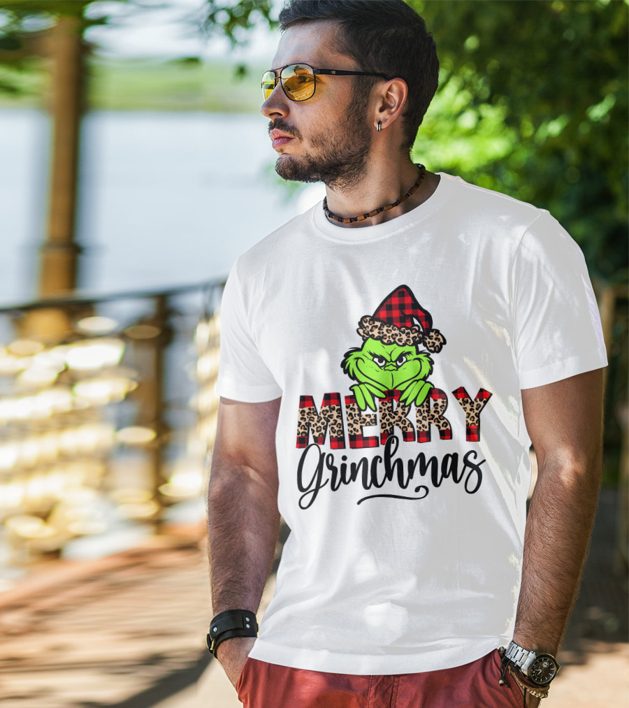 Merry Grinchmas Red Plaid And Leopard Print Christmas Grinch T-Shirt