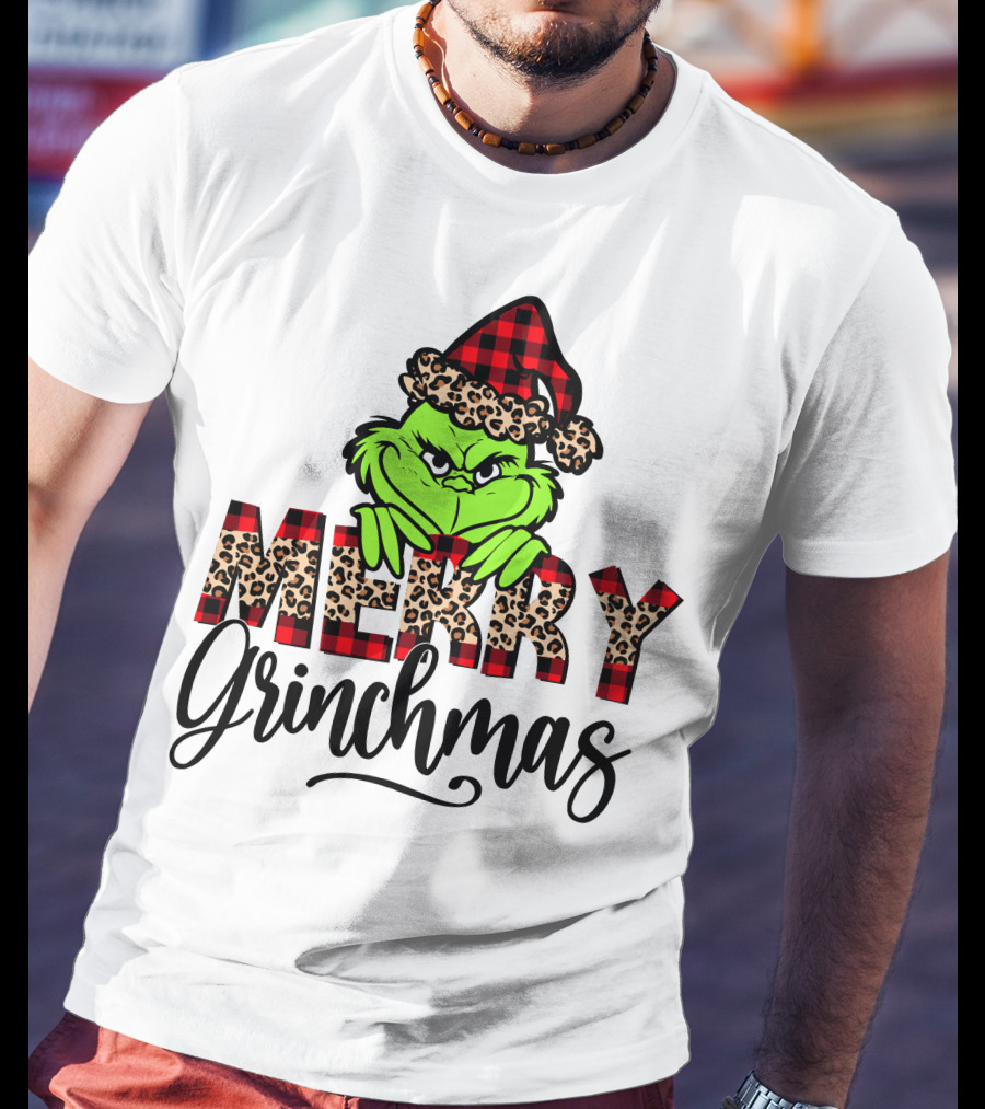 Merry Grinchmas Red Plaid And Leopard Print Christmas Grinch T-Shirt