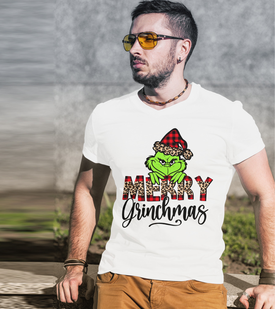 Merry Grinchmas Red Plaid And Leopard Print Christmas Grinch T-Shirt