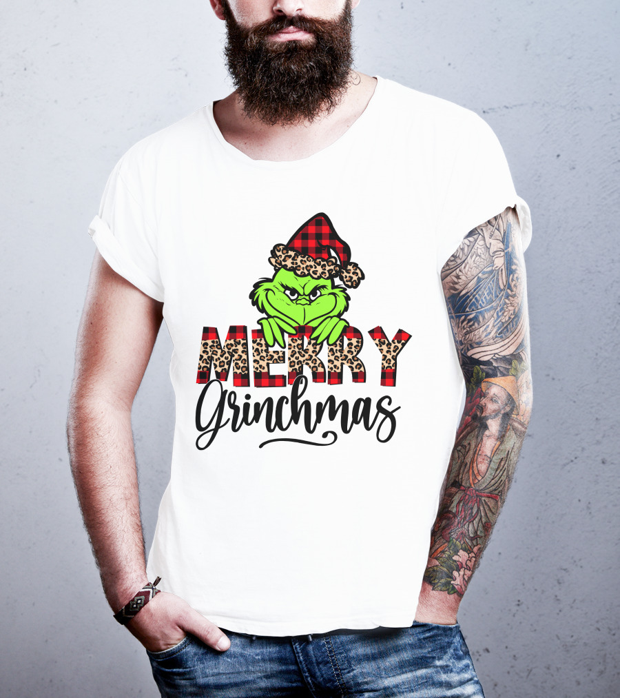 Merry Grinchmas Red Plaid And Leopard Print Christmas Grinch T-Shirt