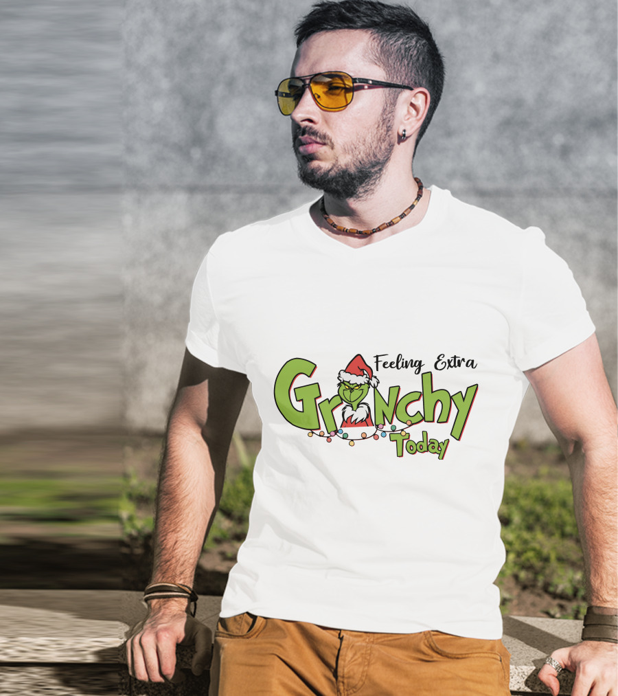 Feeling Extra Grinchy Today Santa Hat Christmas Lights T-Shirt