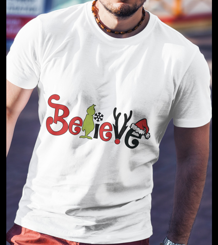 Grinch Believe Christmas Santa Hat Antlers T-Shirt