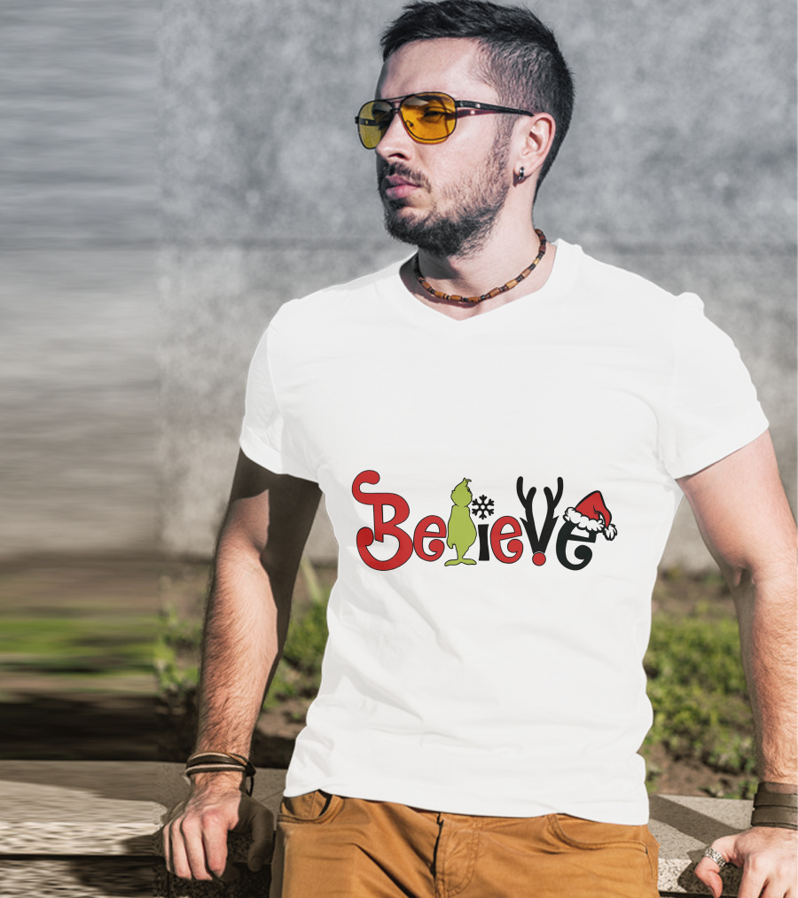 Grinch Believe Christmas Santa Hat Antlers T-Shirt