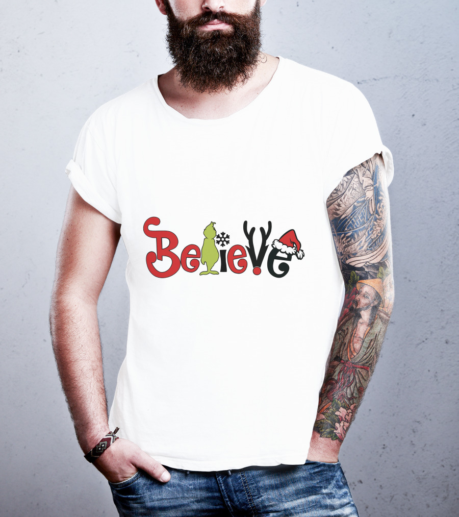 Grinch Believe Christmas Santa Hat Antlers T-Shirt