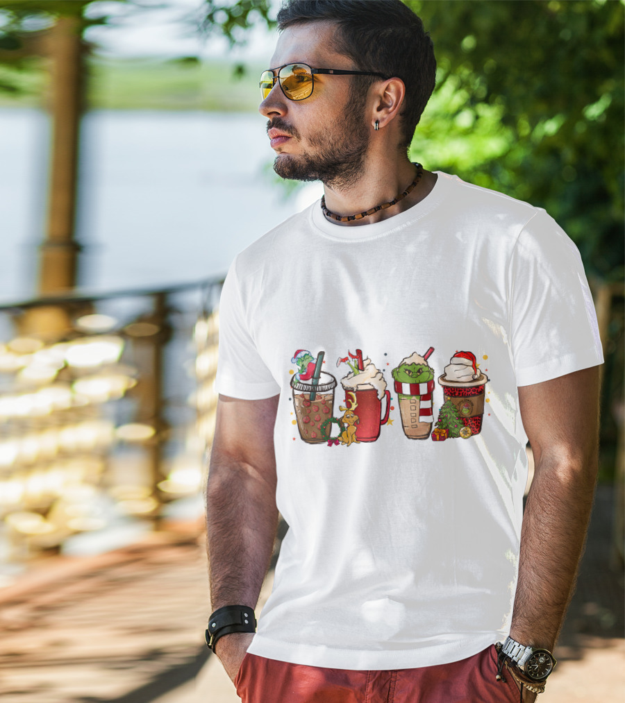 Grinch Christmas Coffee Drinks With Santa Hats And Holiday Decorations T-Shirt