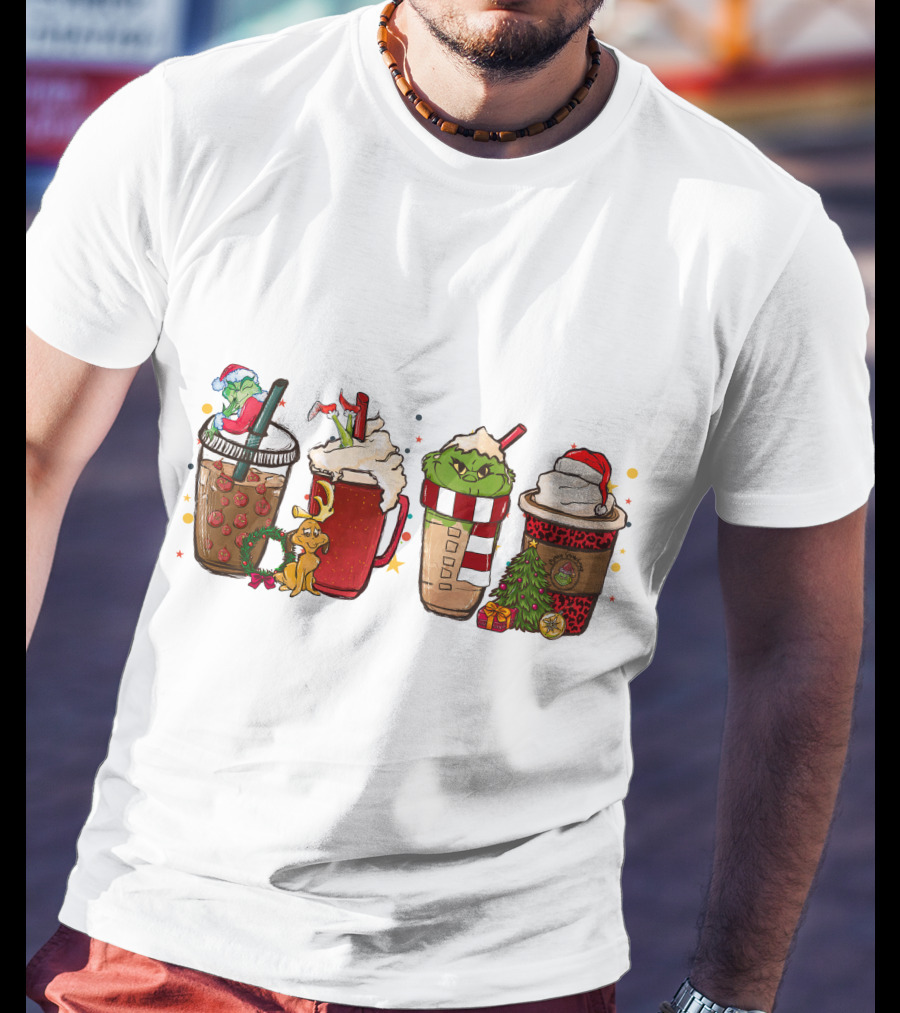 Grinch Christmas Coffee Drinks With Santa Hats And Holiday Decorations T-Shirt