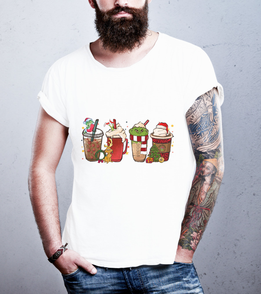 Grinch Christmas Coffee Drinks With Santa Hats And Holiday Decorations T-Shirt