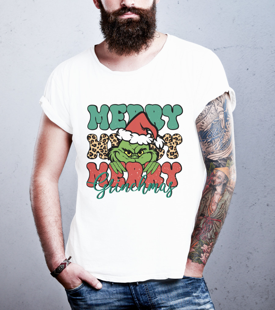 Merry Grinchmas Merry Merry Merry Grinch Christmas Santa Hat Green Face Leopard Print T-Shirt