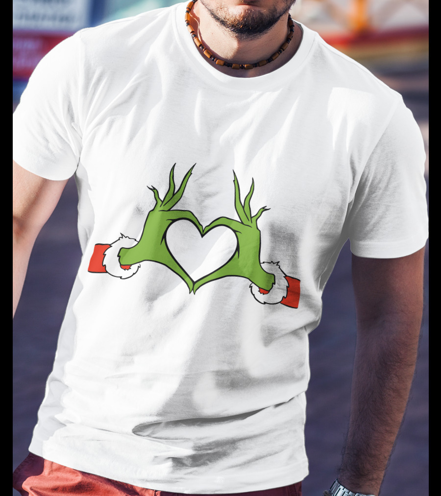 Grinch Hand Heart Christmas Santa Sleeve T-Shirt