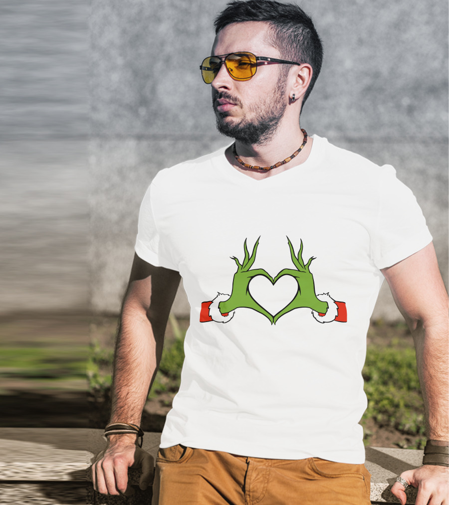 Grinch Hand Heart Christmas Santa Sleeve T-Shirt