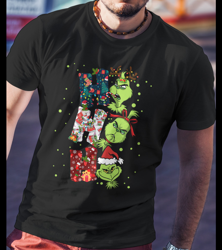 Grinch Ho Ho Ho Christmas Characters With Antlers And Santa Hat T-Shirt