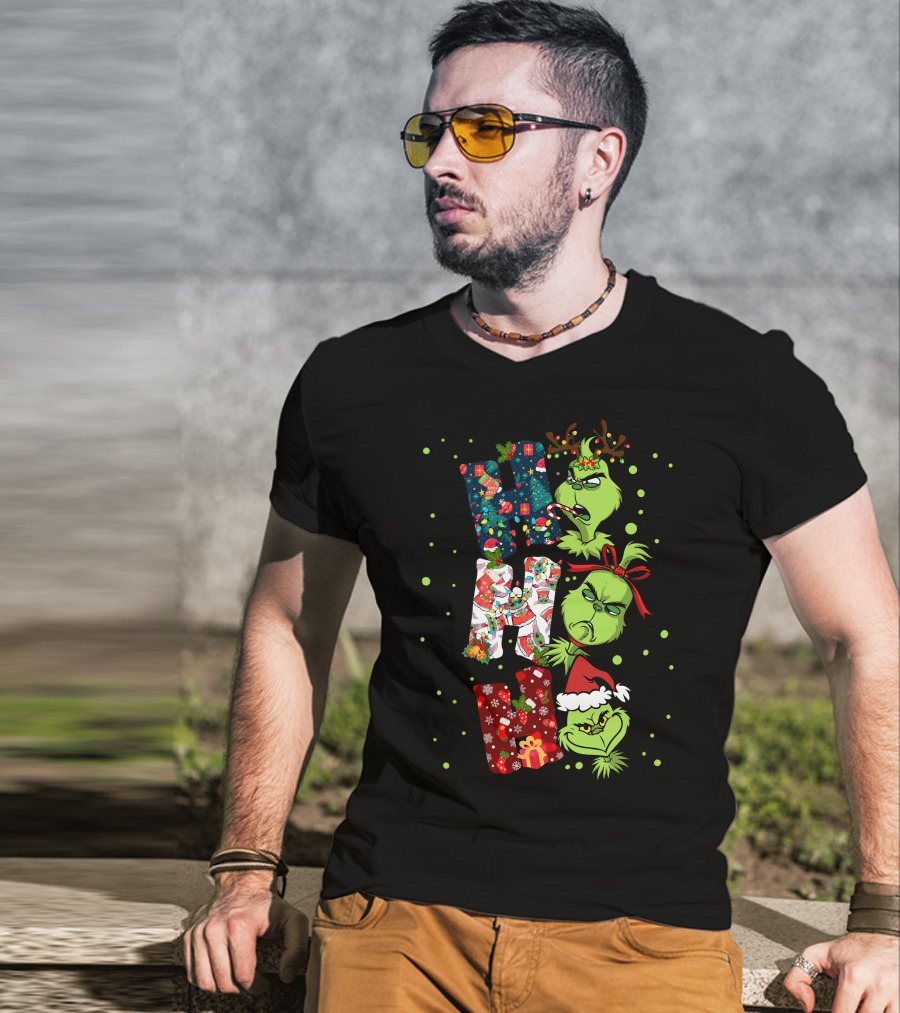 Grinch Ho Ho Ho Christmas Characters With Antlers And Santa Hat T-Shirt