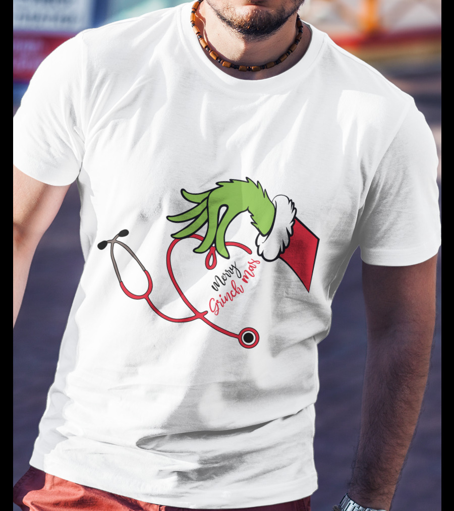 Merry Grinchmas Nurse Stethoscope Christmas Grinch Hand T-Shirt