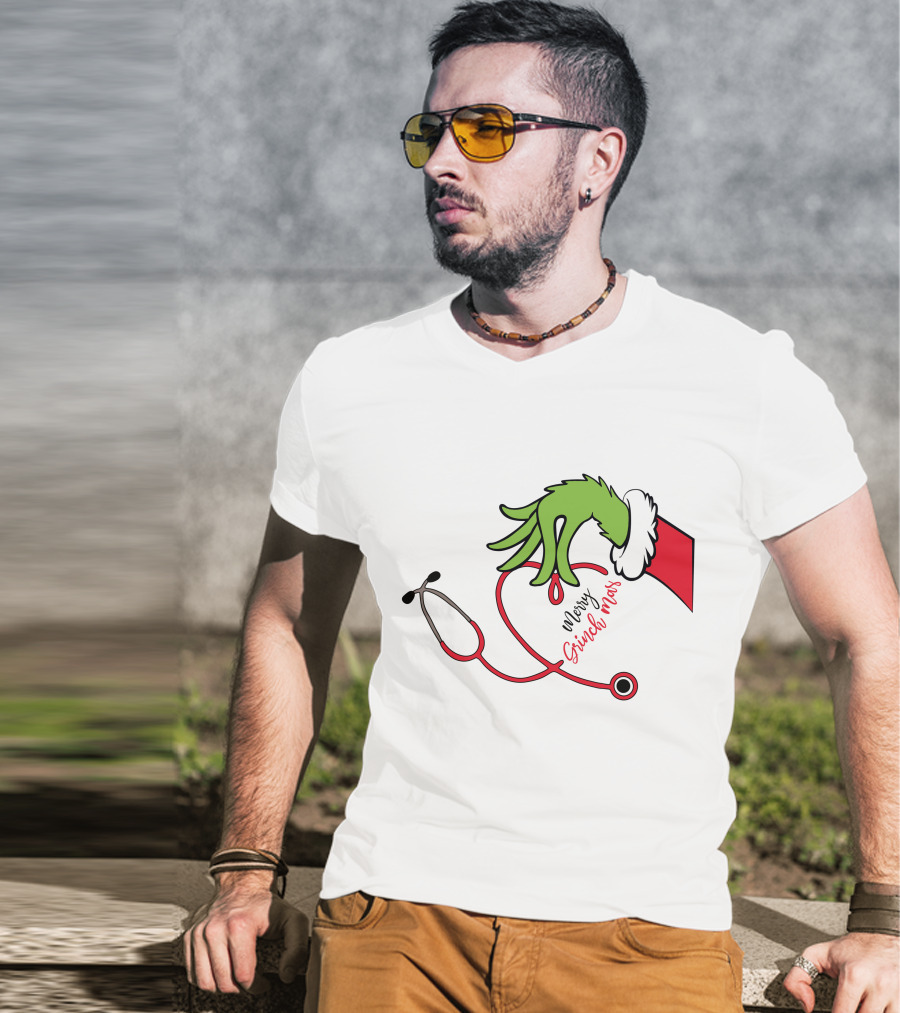 Merry Grinchmas Nurse Stethoscope Christmas Grinch Hand T-Shirt