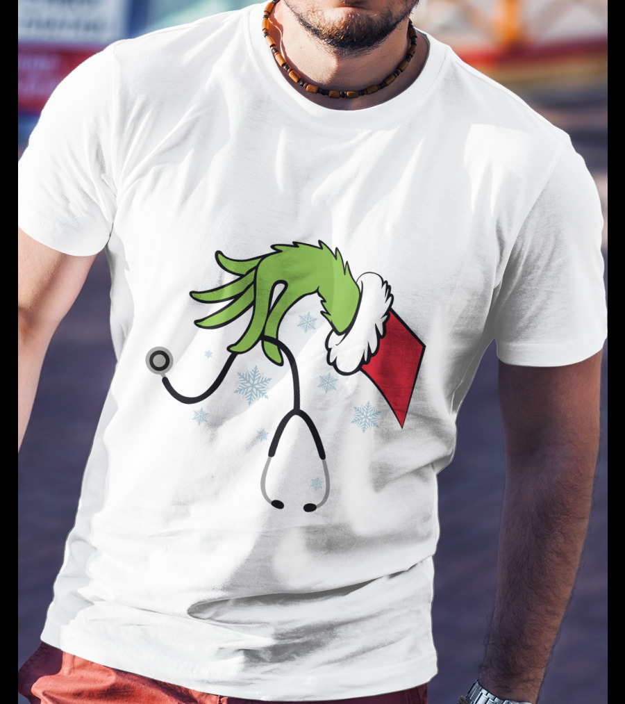 Grinch Nurse Christmas Doctor Stethoscope Hand Snowflakes T-Shirt