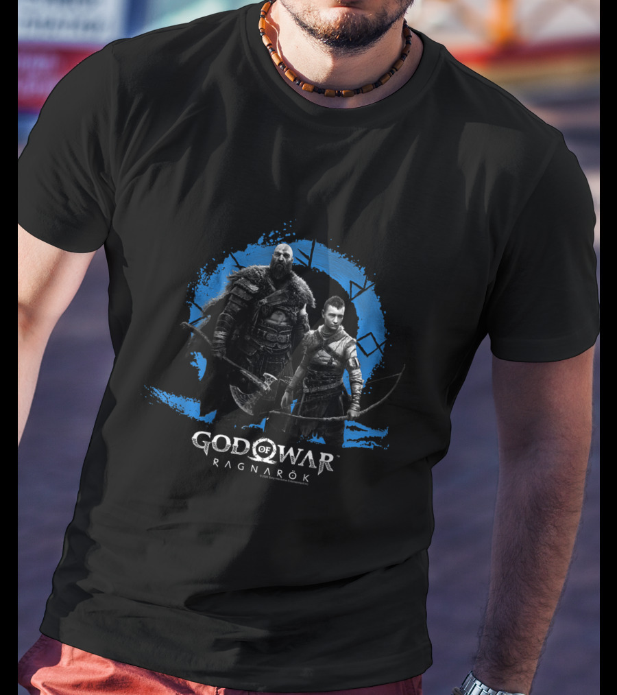 Kratos And Atreus In God Of War Ragnarok Symbolic Blue Circle T-Shirt