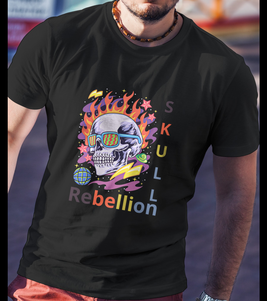 Rebellion Skull With Fiery Sunglasses And Cosmic Elements T-Shirt