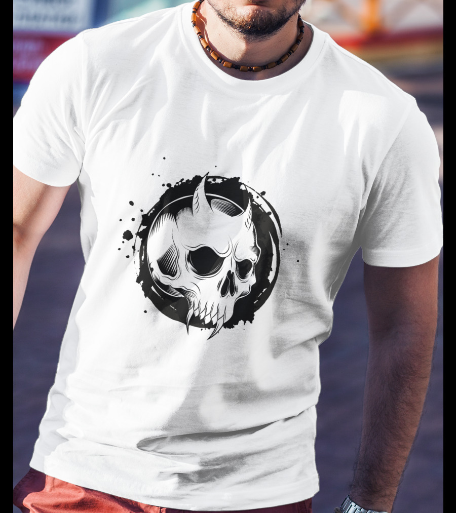 Demon Skull Horned Black Ink Splatter T-Shirt