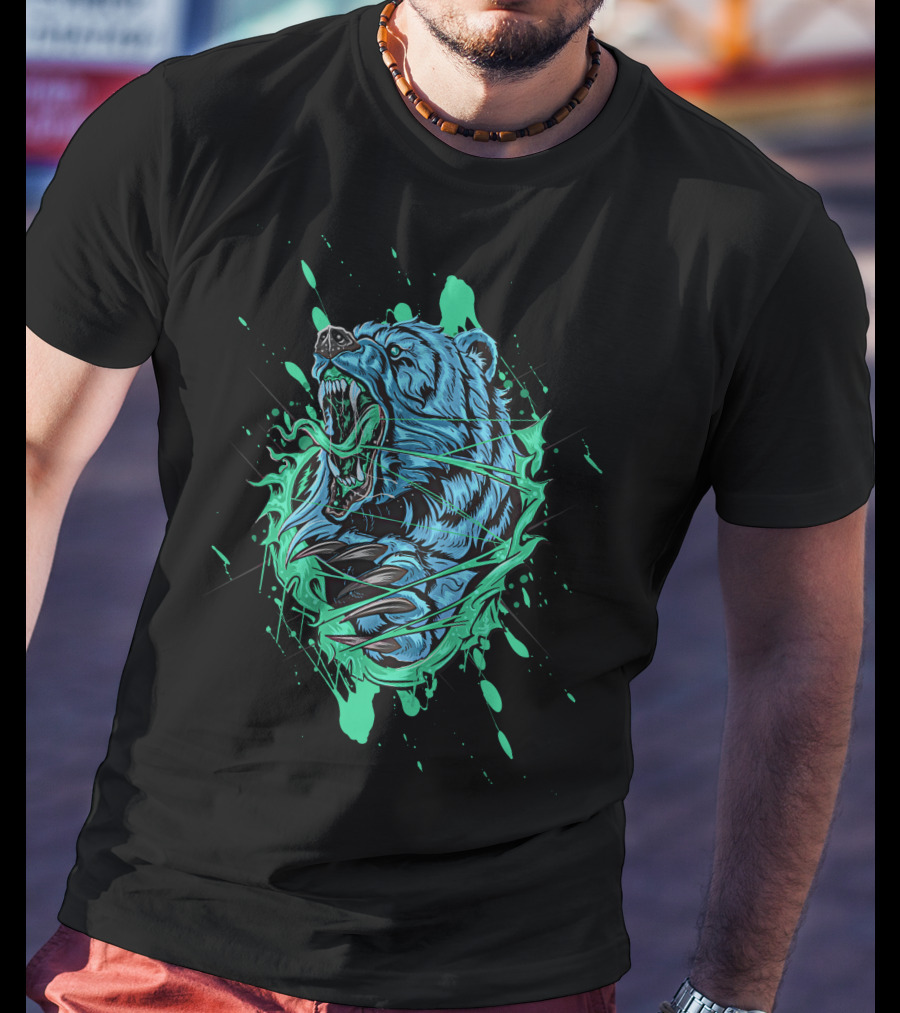 Angry Bear Roaring In Dynamic Teal And Black Paint Splash T-Shirt