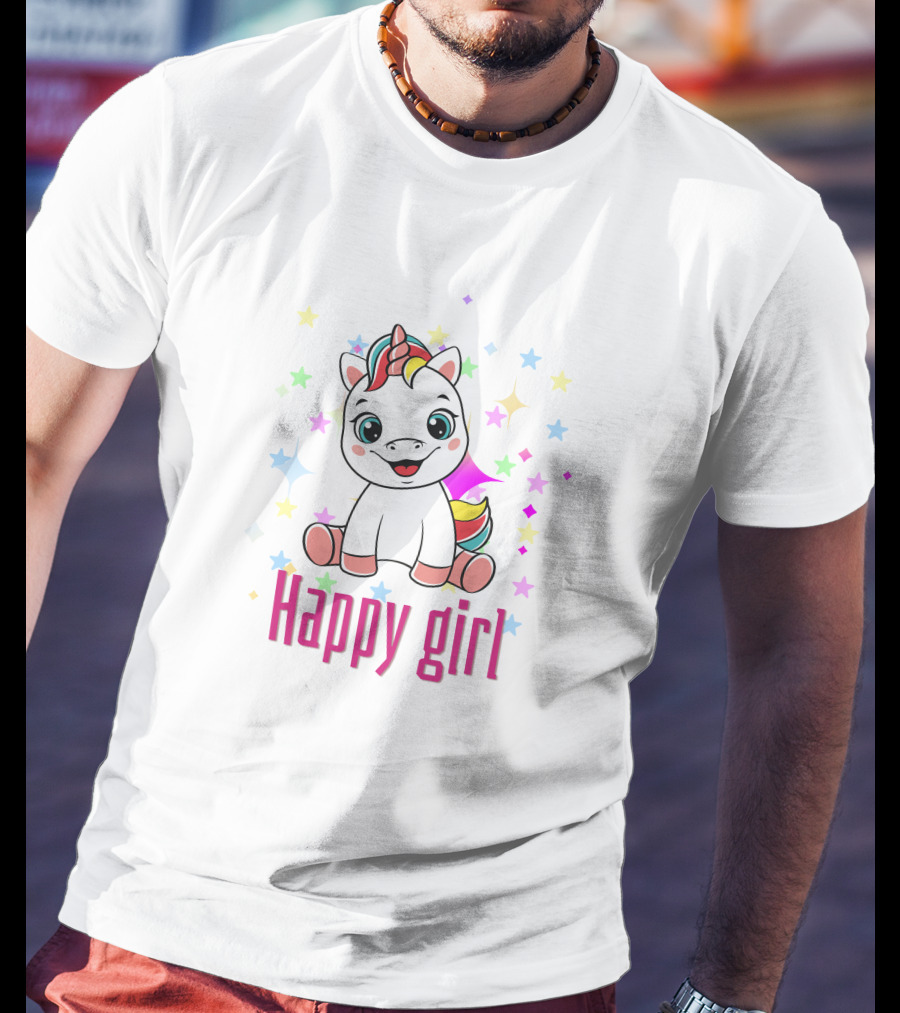 Happy Girl Colorful Unicorn Surrounded By Stars T-Shirt