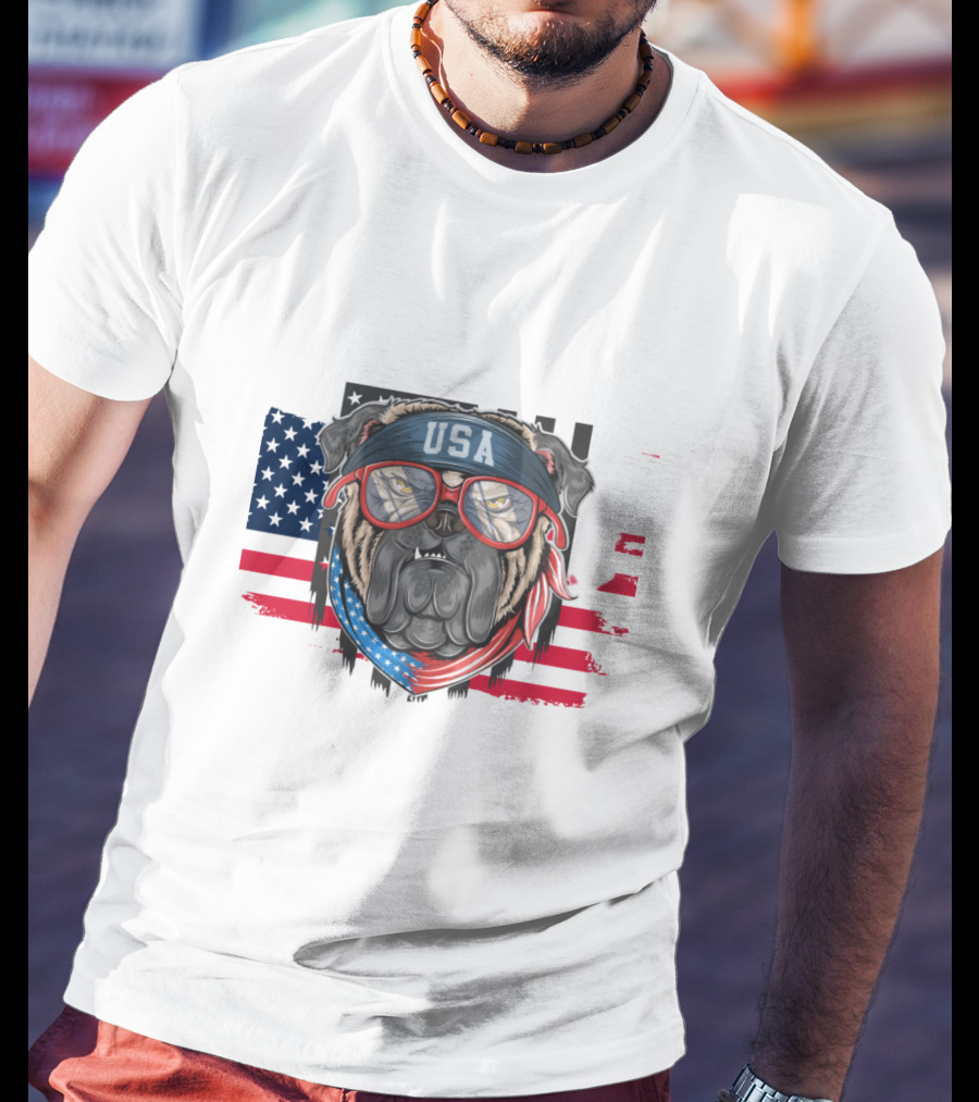 USA Bandana Glasses American Bulldog With Flag Background T-Shirt
