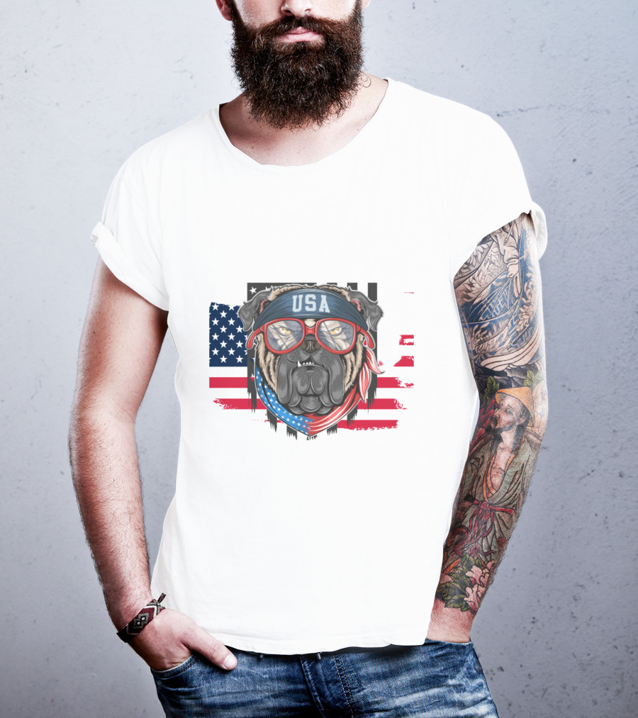 USA Bandana Glasses American Bulldog With Flag Background T-Shirt