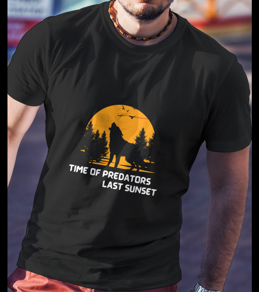 Time Of Predators Last Sunset Wolf Silhouette Against Orange Sky With Trees And Birds T-Shirt