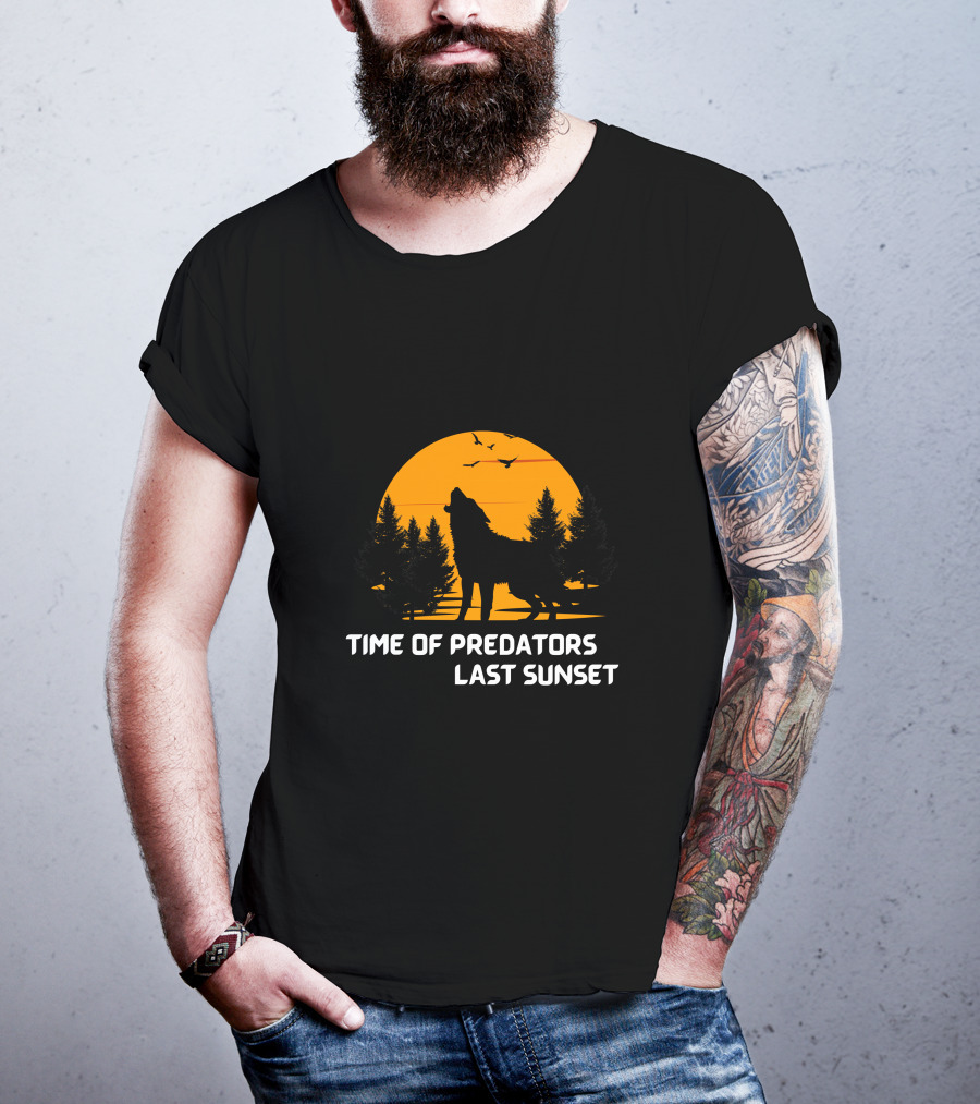 Time Of Predators Last Sunset Wolf Silhouette Against Orange Sky With Trees And Birds T-Shirt