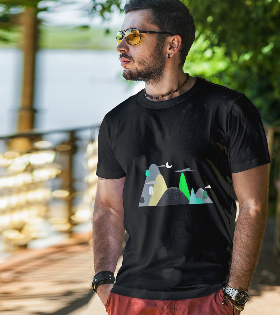 Mountains Moon Night Scene With Trees And Clouds T-Shirt