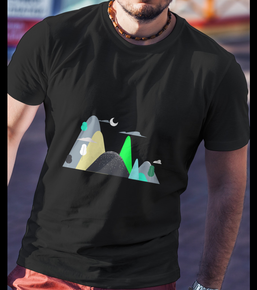 Mountains Moon Night Scene With Trees And Clouds T-Shirt