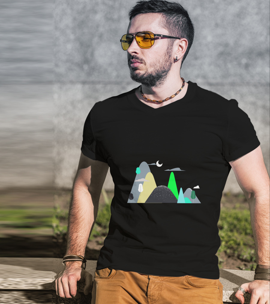 Mountains Moon Night Scene With Trees And Clouds T-Shirt