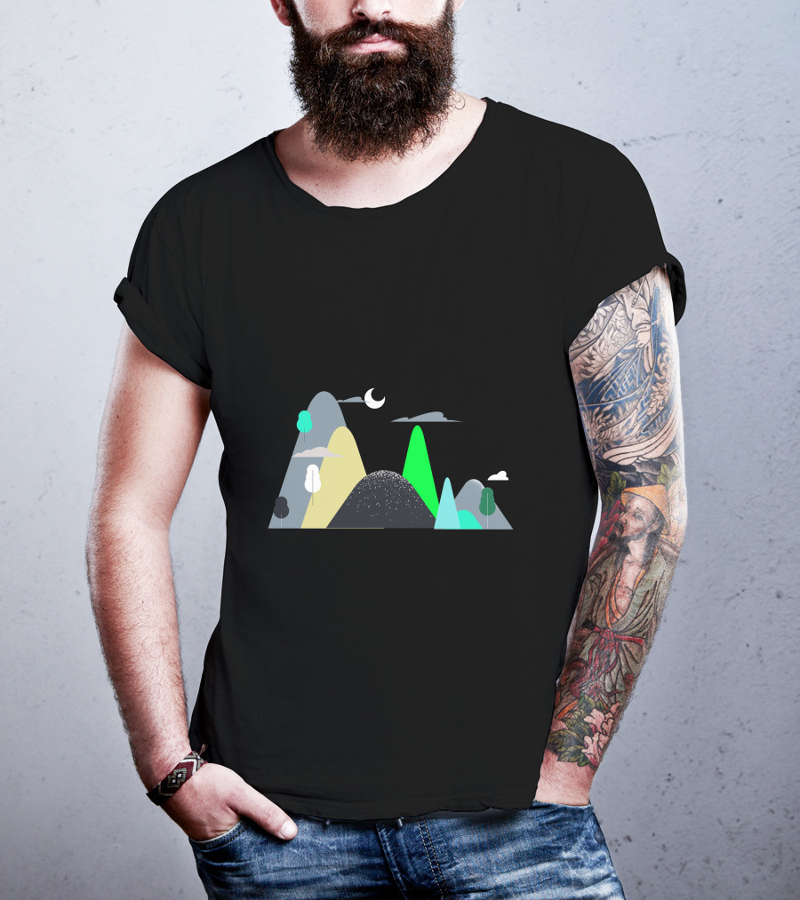 Mountains Moon Night Scene With Trees And Clouds T-Shirt
