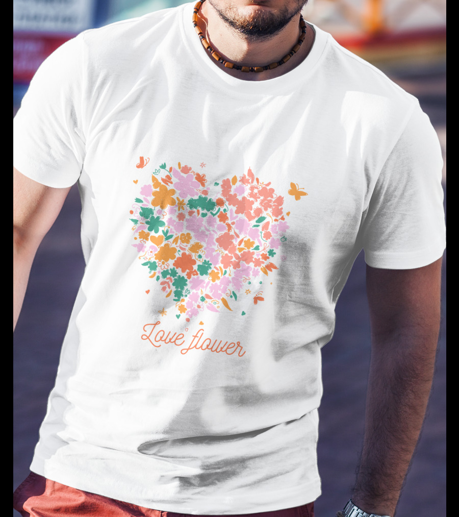 Love Flower Heart With Colorful Floral Pattern And Butterflies T-Shirt