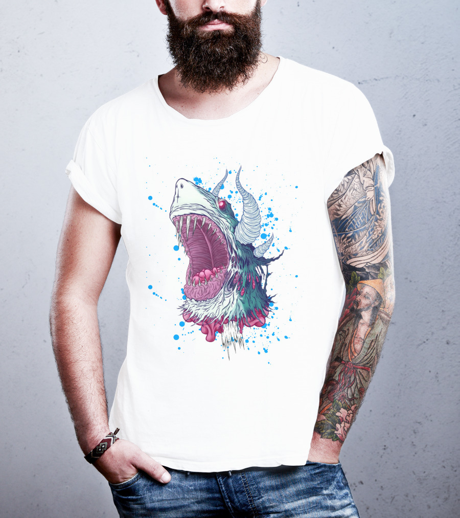 Monster Shark Scream With Horns And Splatter T-Shirt