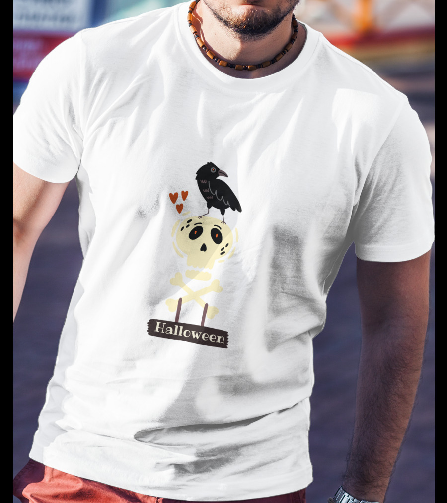 Halloween Skeleton Skull With Raven And Hearts T-Shirt
