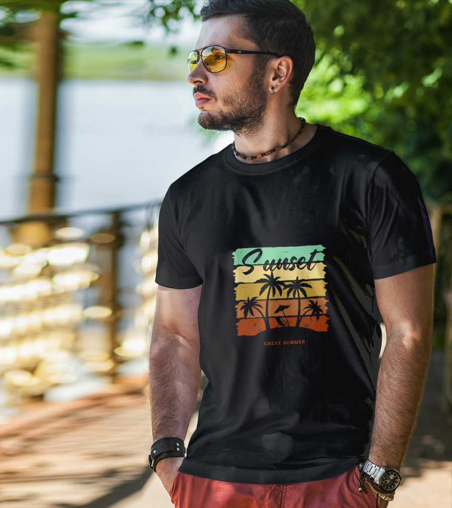 Sunset Great Summer Palm Trees Beach Scene T-Shirt