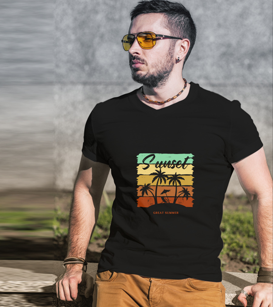 Sunset Great Summer Palm Trees Beach Scene T-Shirt