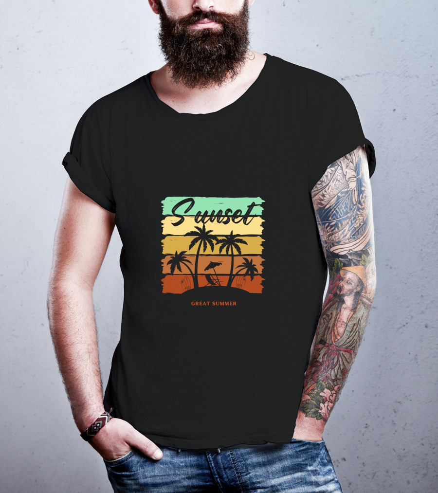 Sunset Great Summer Palm Trees Beach Scene T-Shirt
