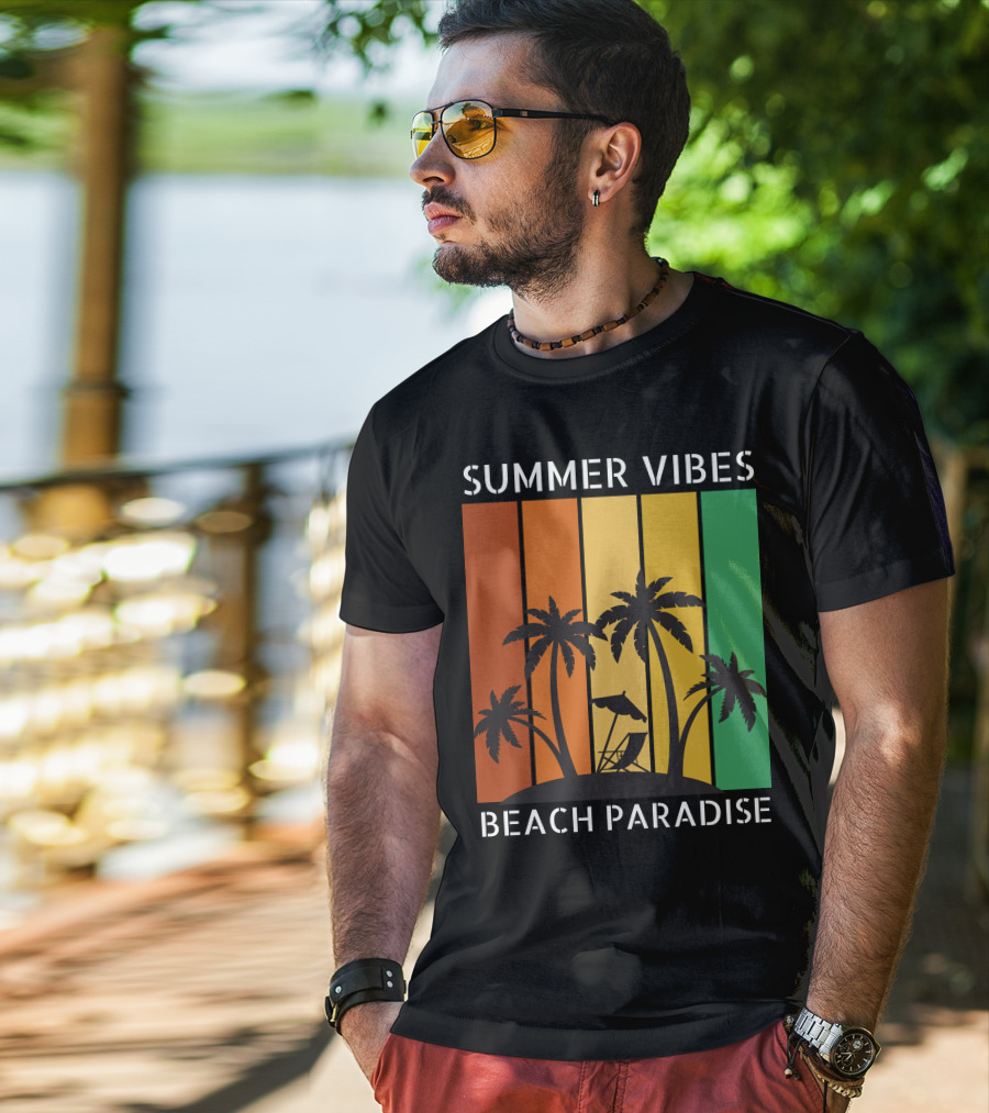SUMMER VIBES BEACH PARADISE Palm Trees And Lounge Chair On Sunset Stripes T-Shirt
