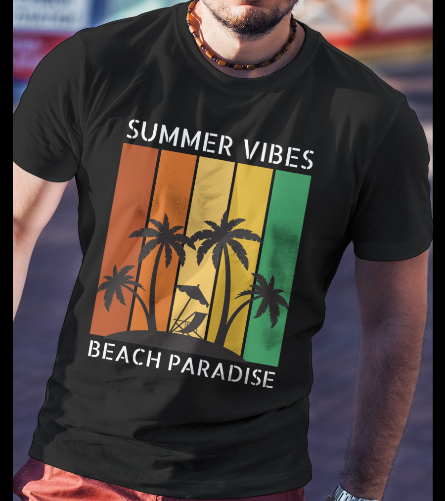 SUMMER VIBES BEACH PARADISE Palm Trees And Lounge Chair On Sunset Stripes T-Shirt