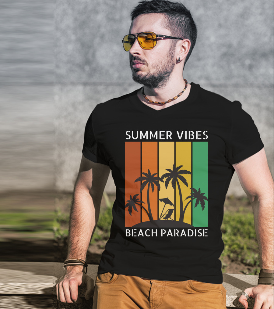 SUMMER VIBES BEACH PARADISE Palm Trees And Lounge Chair On Sunset Stripes T-Shirt