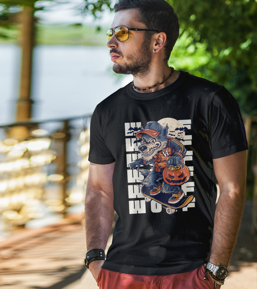 Wolf Trick-or-Treat Skateboarder With Pumpkin And Moon T-Shirt