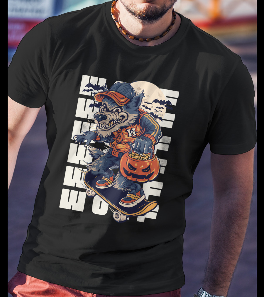 Wolf Trick-or-Treat Skateboarder With Pumpkin And Moon T-Shirt